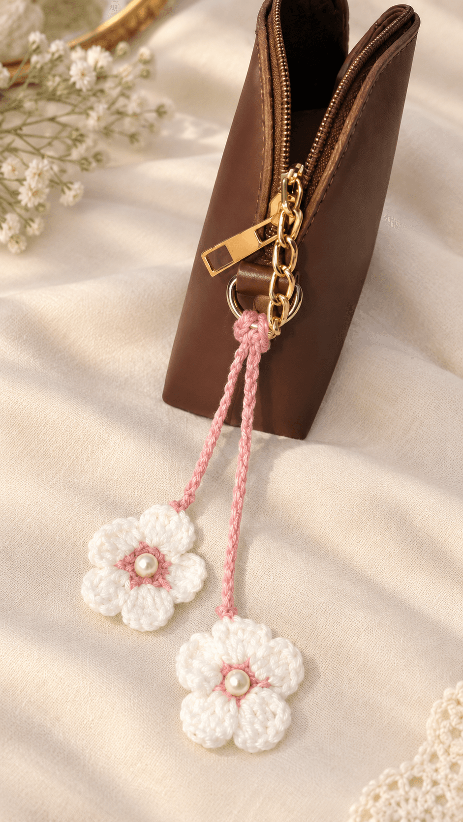Cute crochet flower charms to add a touch of elegance to your everyday essentials. 🎀