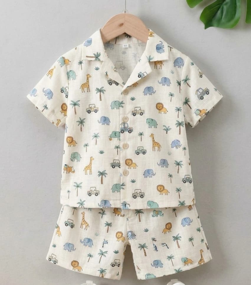 Baby Boy Night Suit for Summer | Cotton Animal Print Shirt & Shorts