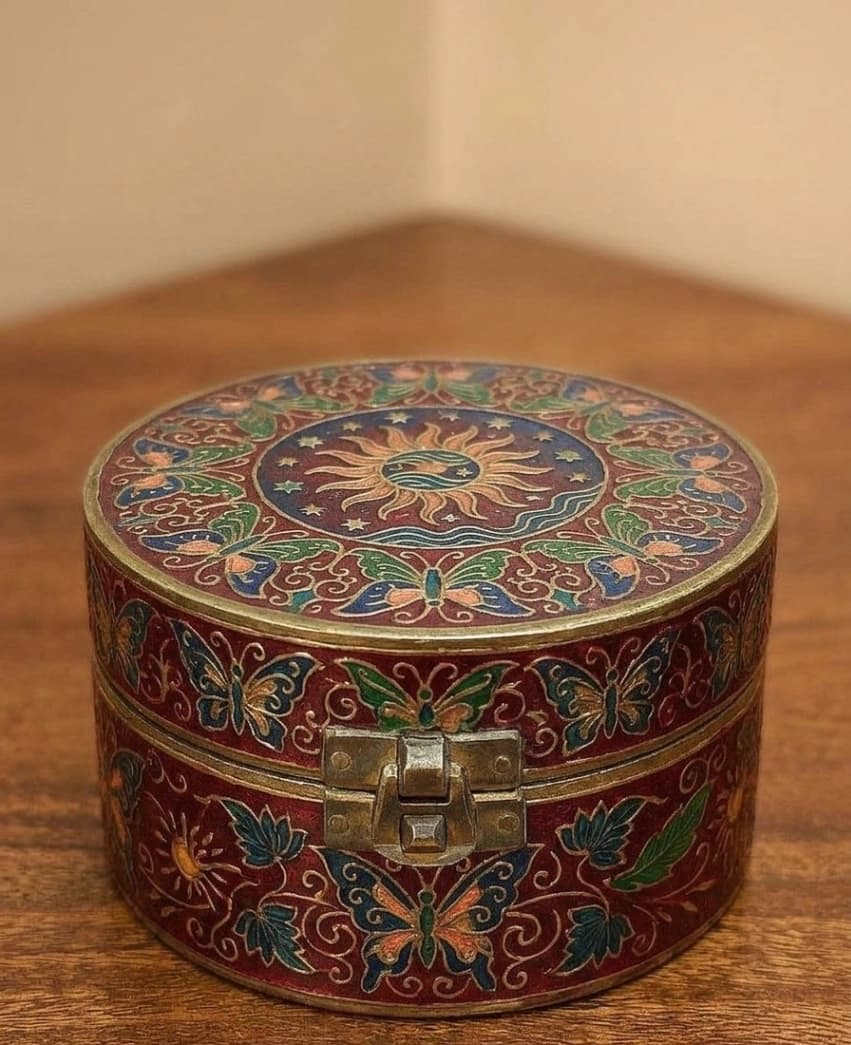 Handcrafted Metal Bangle Box Enamel Butterflies & Sun Lid