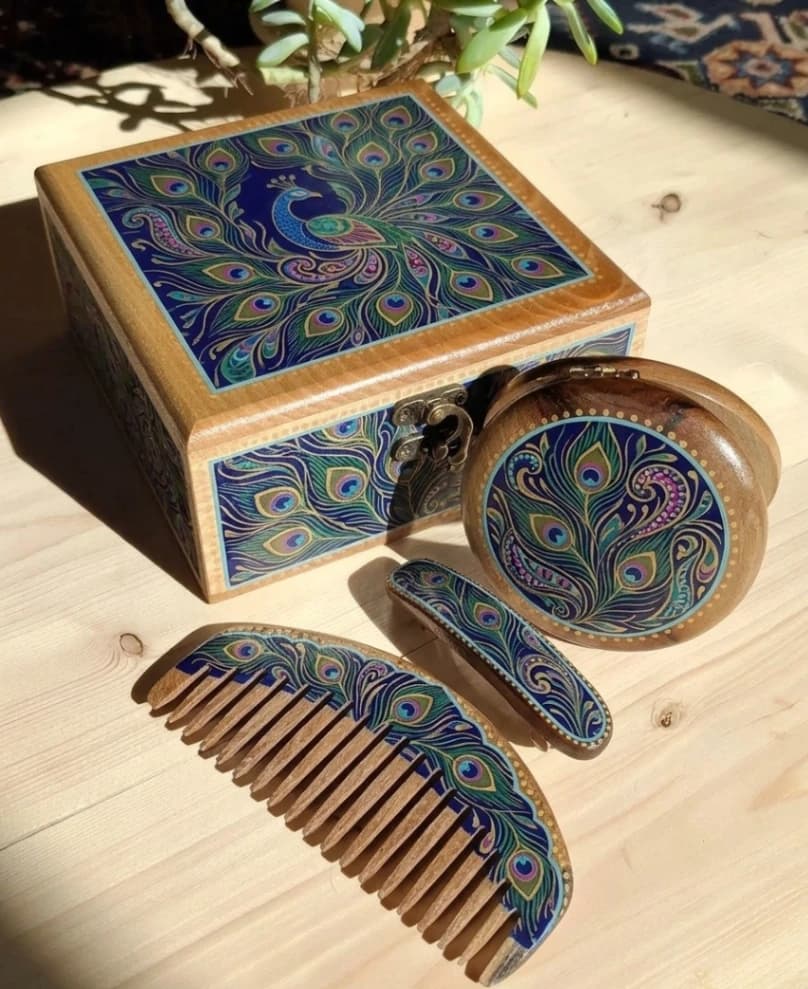 Peacock Wooden Jewellery Box Set Comb, Mirror & Hair Clip