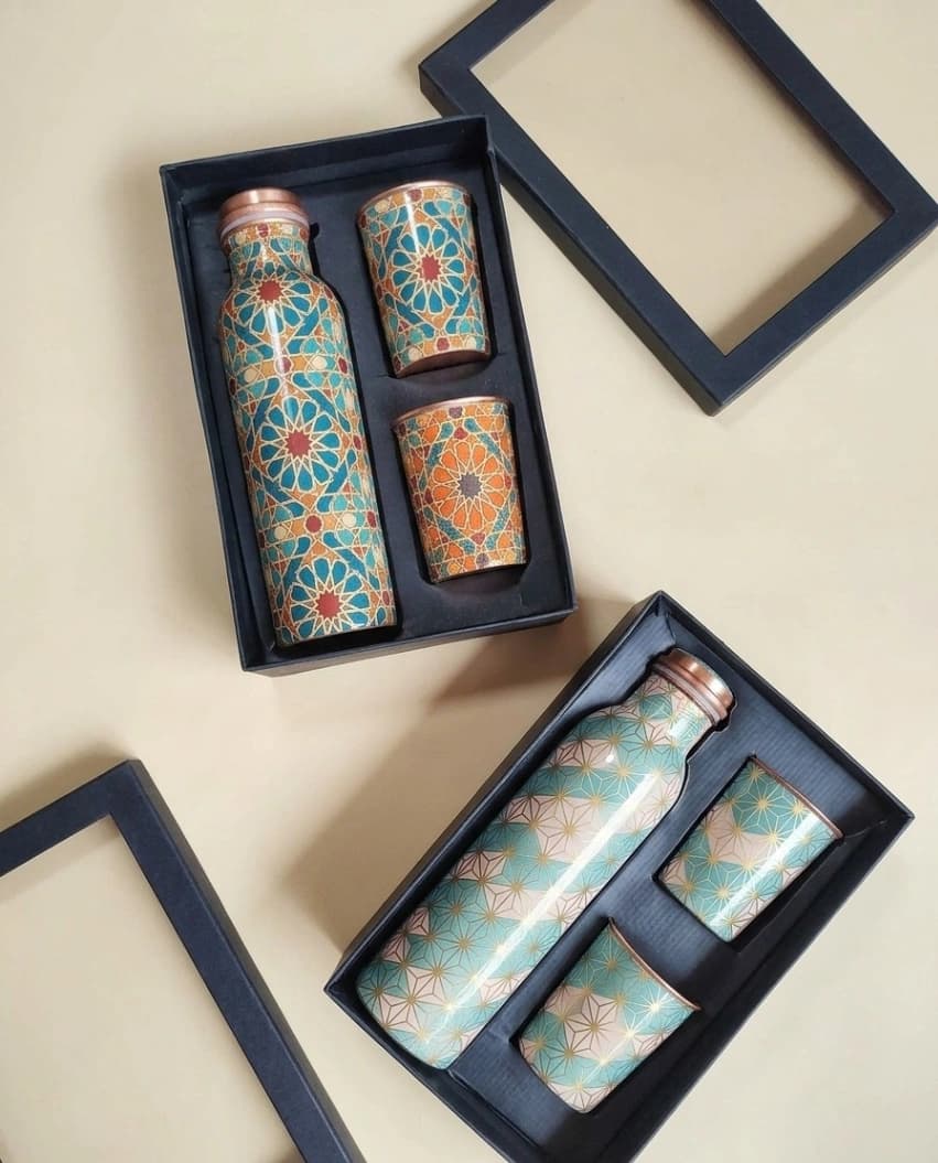 Copper Water Bottle Gift Set | Bottle & 2 Glasses, 2 Designs