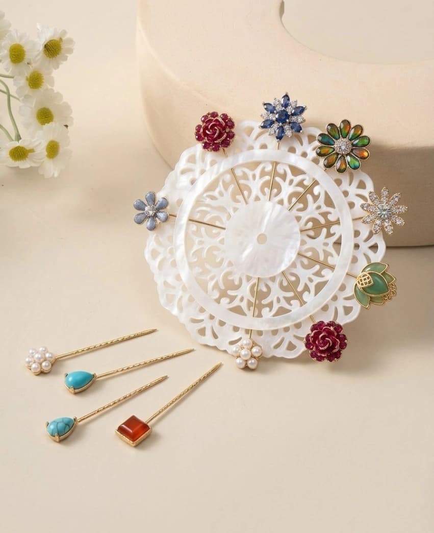 Fancy Hijab Pins | Set of 12 Stone & Pearl Pins with Holder