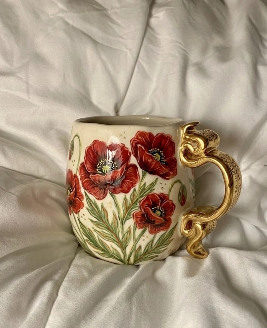 Handmade Ceramic Mugs Set of 6 | Hand Painted Red Poppy Mugs, Gold Handle