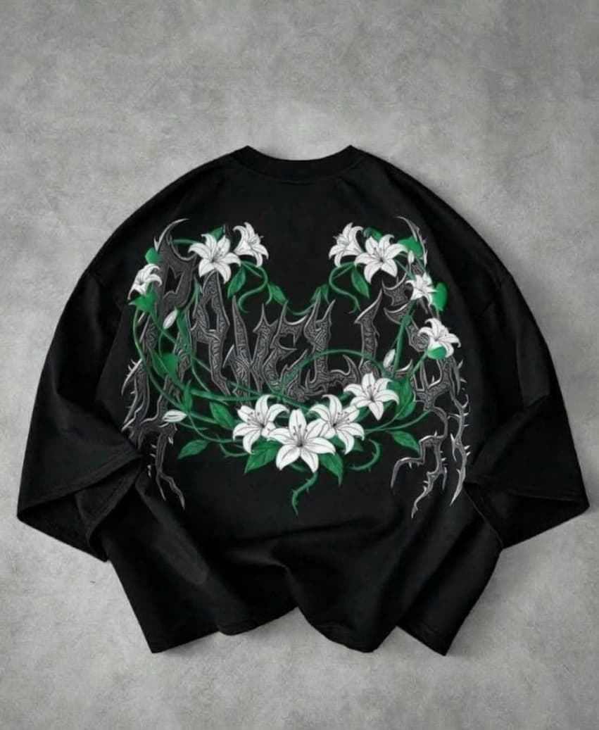 Oversized Graphic T Shirt | Black 280 GSM Back Print, Lily Floral Design