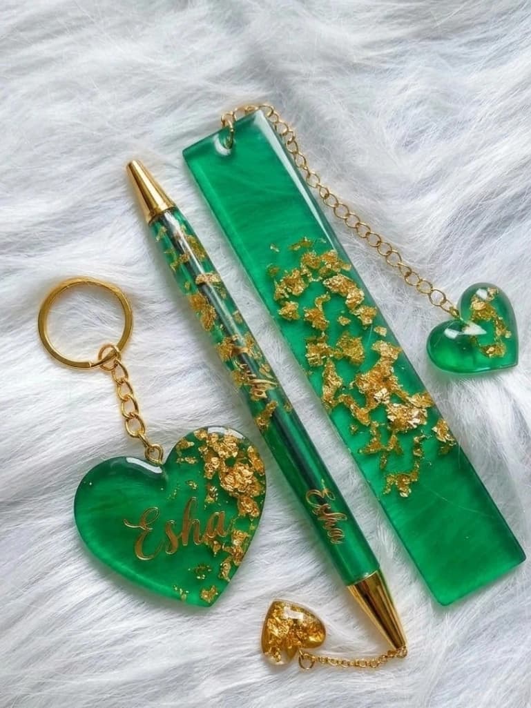 Resin Gift Set with Name | Keychain, Pen & Bookmark, Green with Gold Flakes