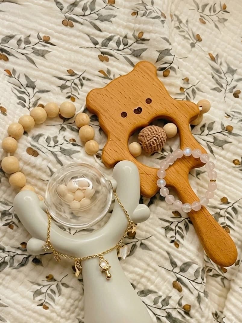 Newborn Baby Gift Set | Wooden Bear Rattle Teether & Baby Charm Bracelet