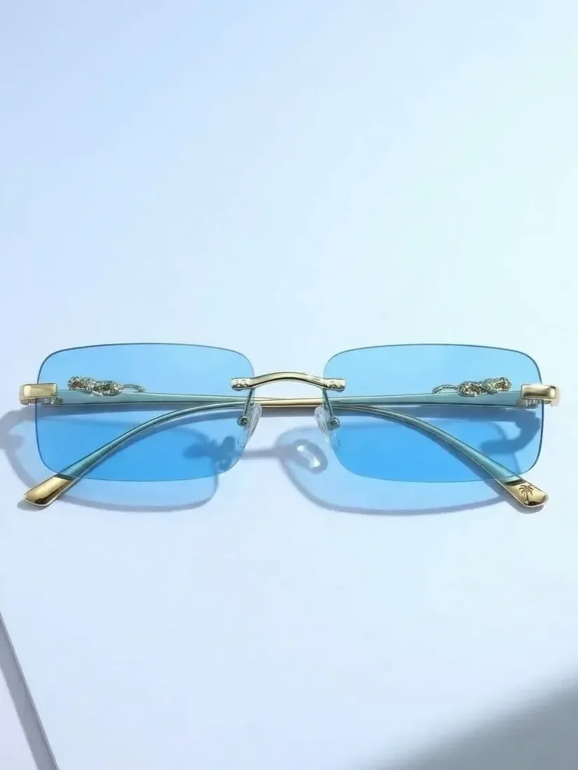 Blue Rimless Sunglasses | Rectangle Tinted Lenses, Gold-Tone Frame
