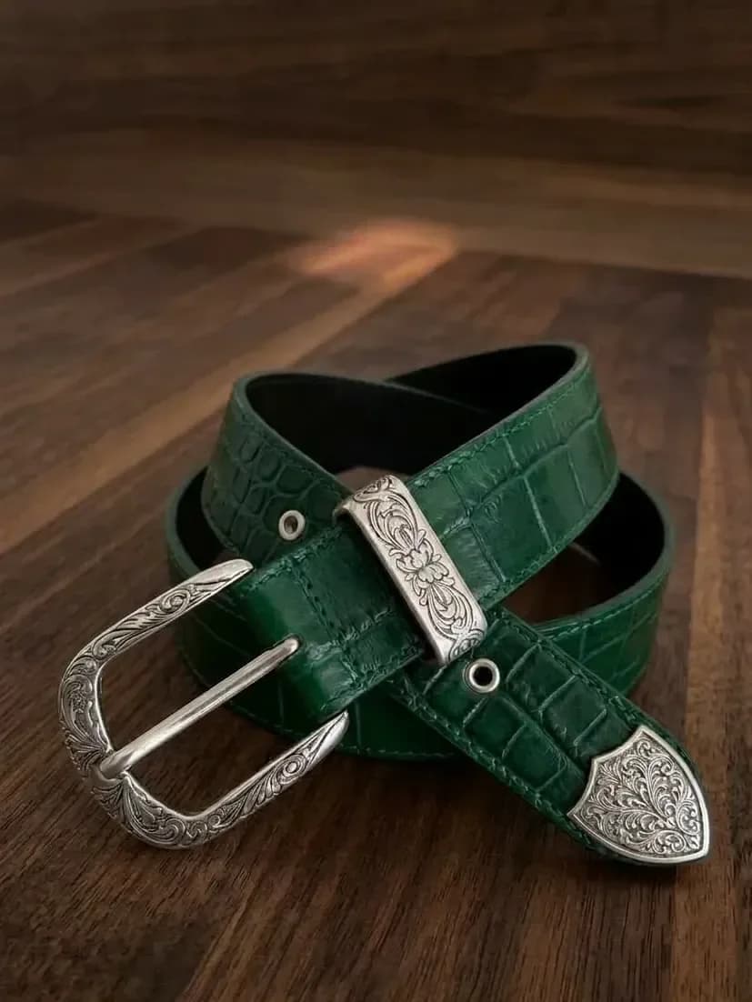 Green Leather Belt | Croc Texture with Western Silver Buckle