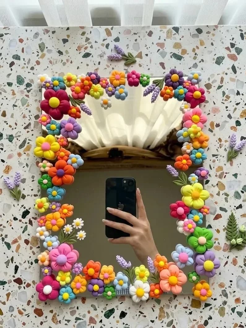 Clay Art Mirror | Colourful Flower Frame, Aesthetic Room Decor