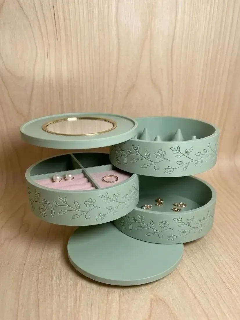 Rotating Jewelry Box | Sage Green 3-Tier Organizer with Mirror
