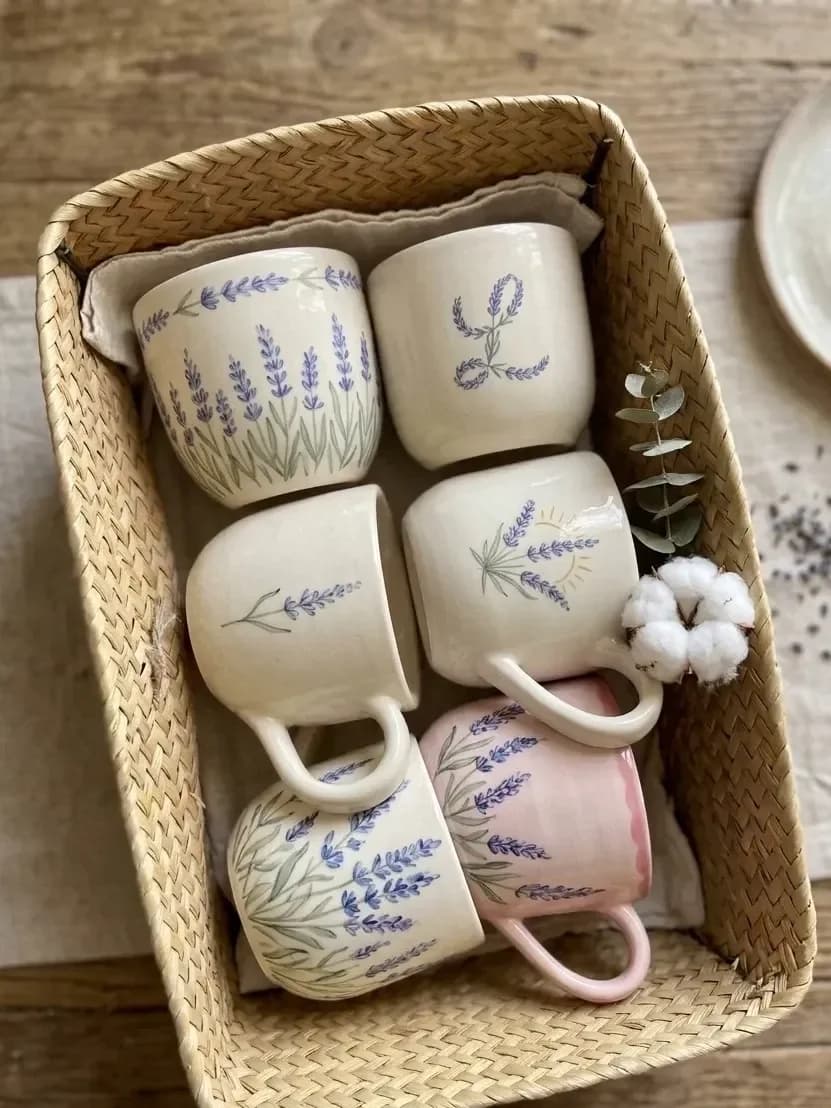 Ceramic Mug Set of 6 | Hand Painted Lavender Coffee Mugs