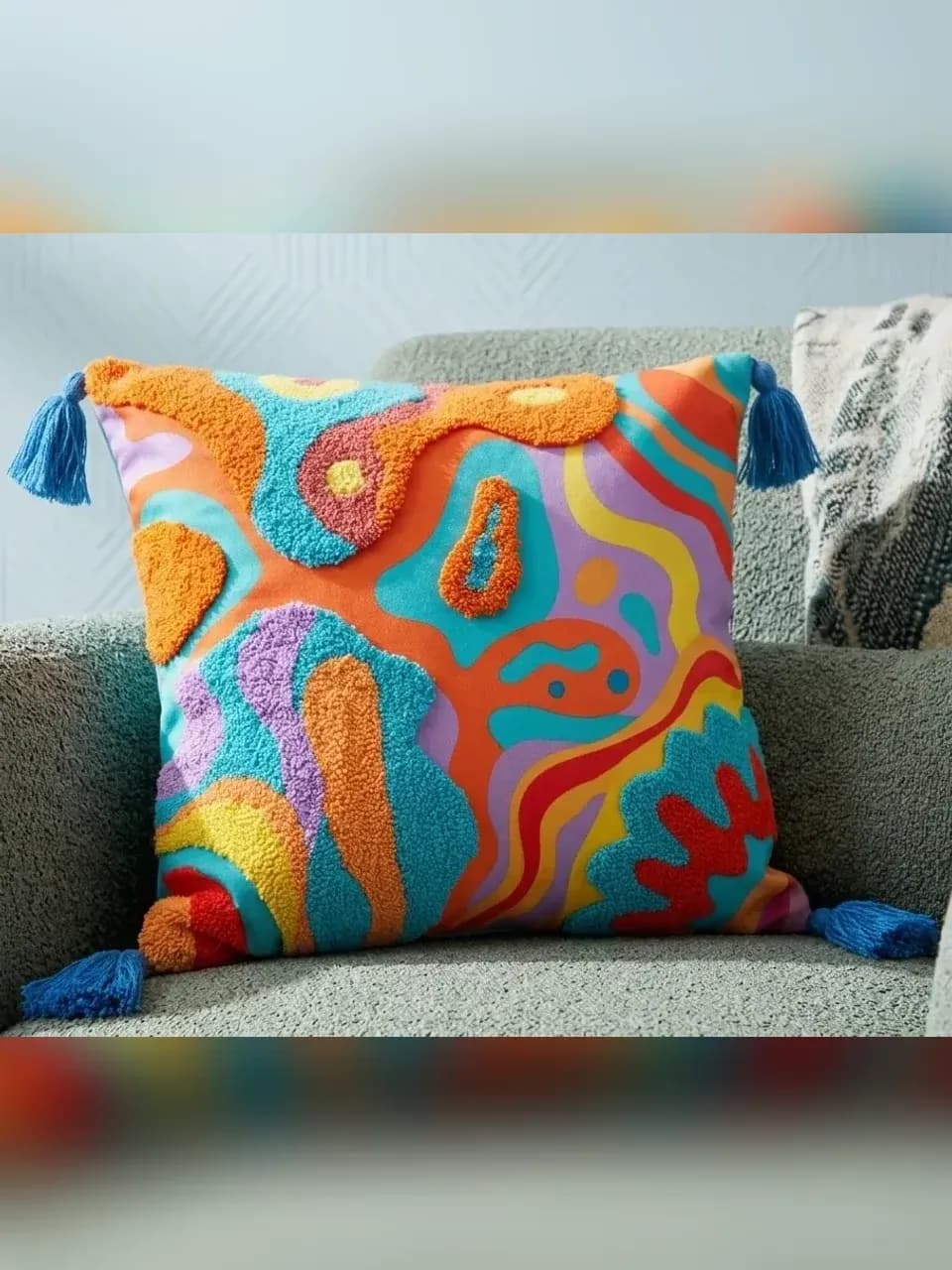 Tufted Cushion with Tassels | Funky Abstract Boho Pillow, Orange & Teal
