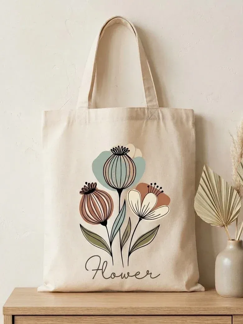 Aesthetic Tote Bag | Boho Floral Print, Beige Canvas Shoulder Bag
