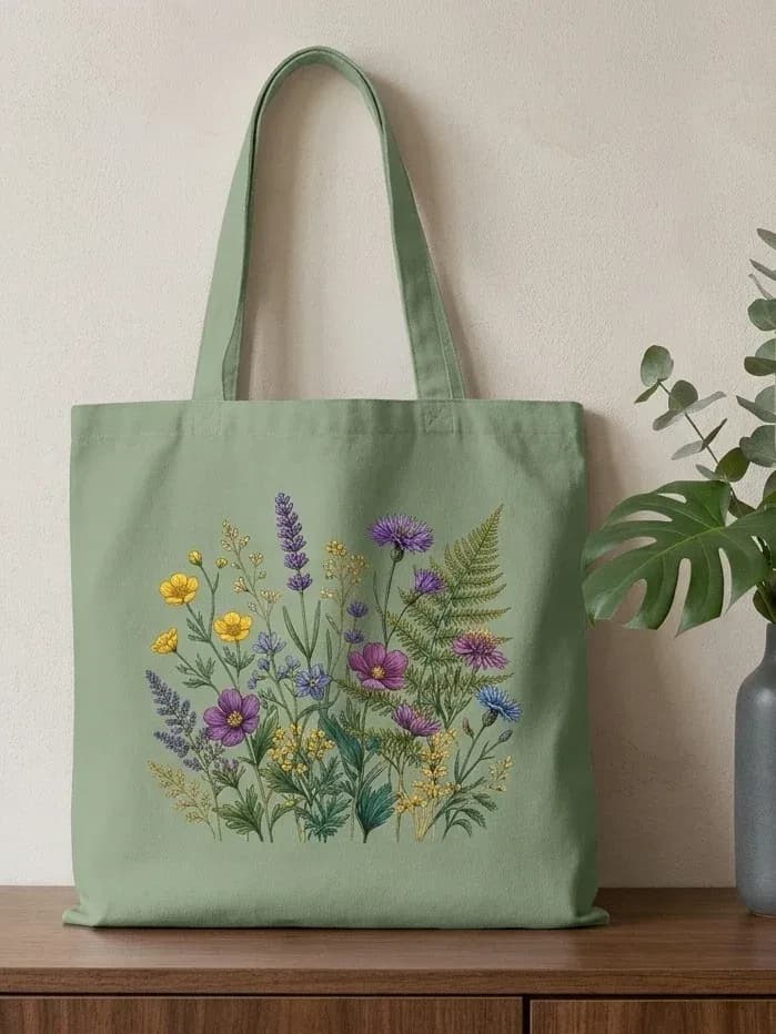 Sage Green Tote Bag | Wildflower Print Canvas Bag for University