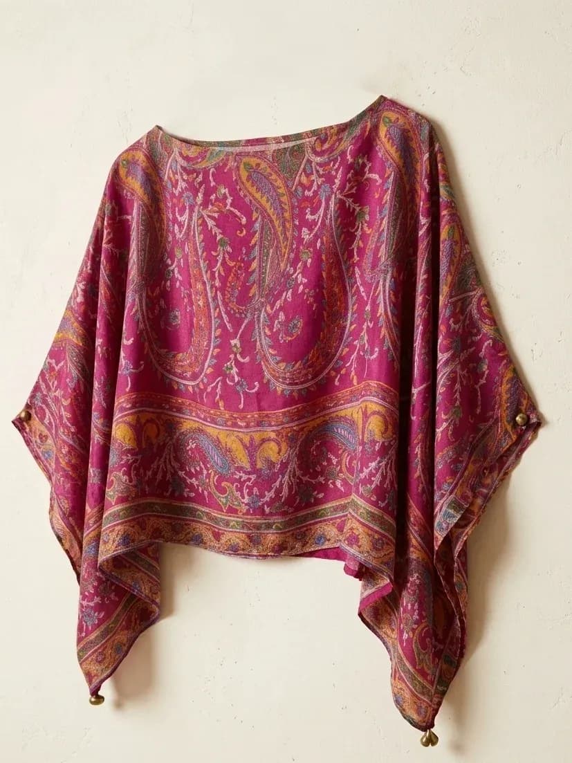 Poncho Top for Women | Magenta Paisley Crop Top, Imported Thrift