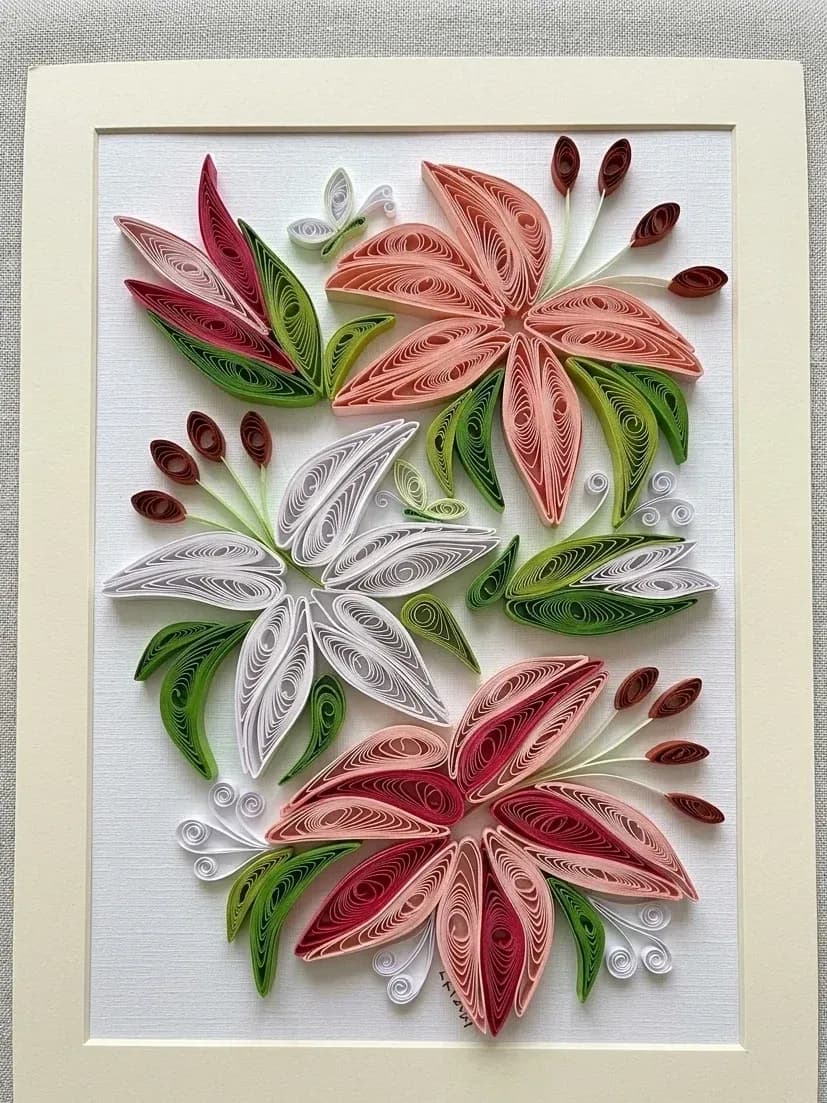 Quilling Wall Art | Pink & White Lily Flowers, Mounted Paper Art