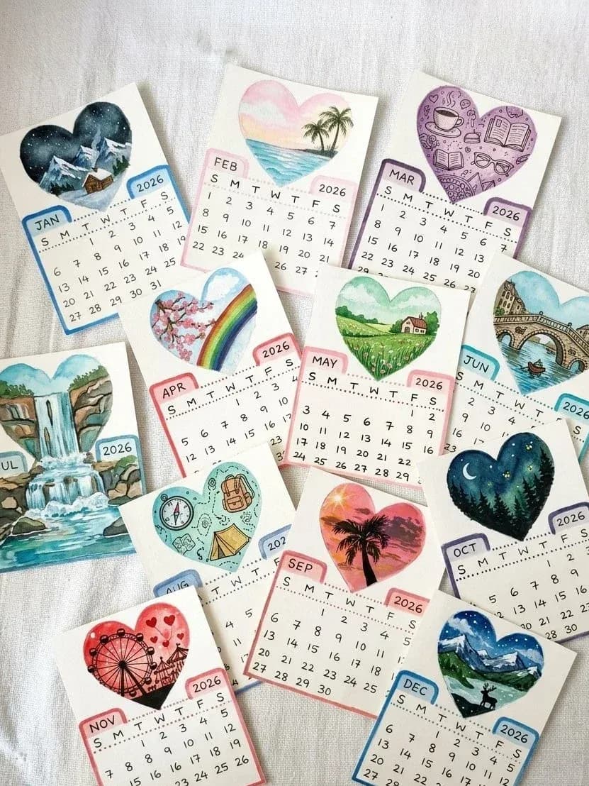 Hand Painted Calendar | Watercolour Mini Monthly Cards, 12 Months