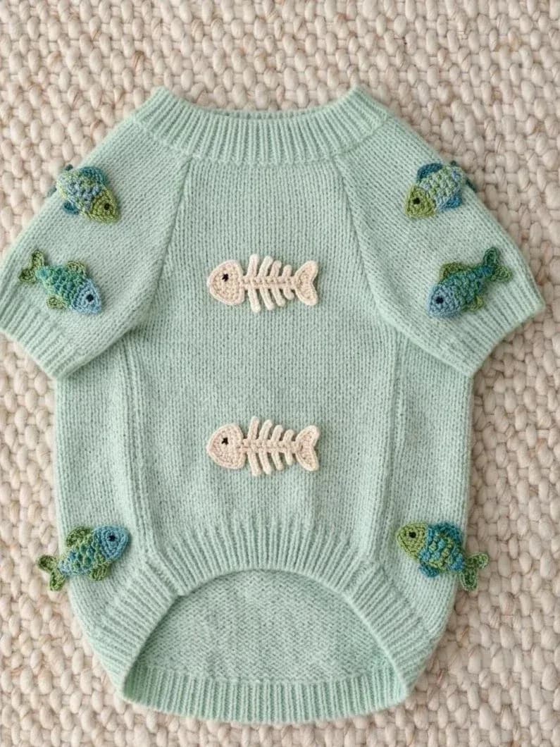 Cat Sweater | Mint Knitted Pet Sweater with Crochet Fish