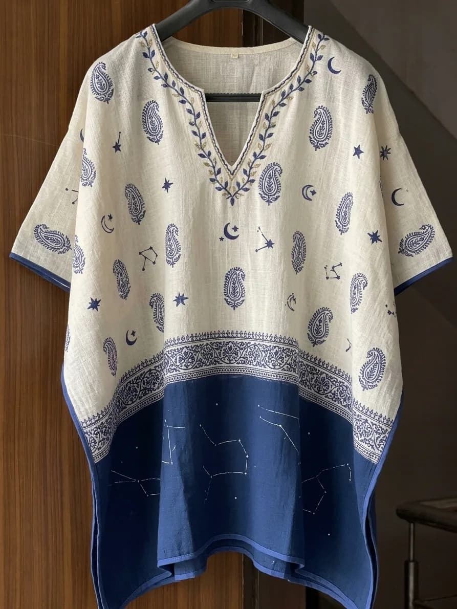 Kaftan for Women | Cream & Blue Paisley Print, Embroidered Neckline