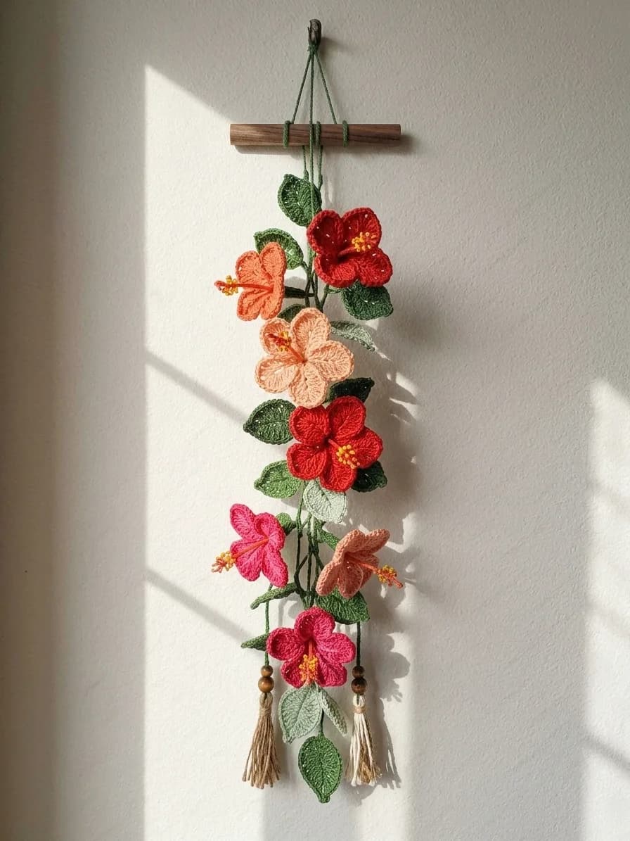 Crochet Wall Hanging | Hibiscus Flowers & Leaves with Tassels