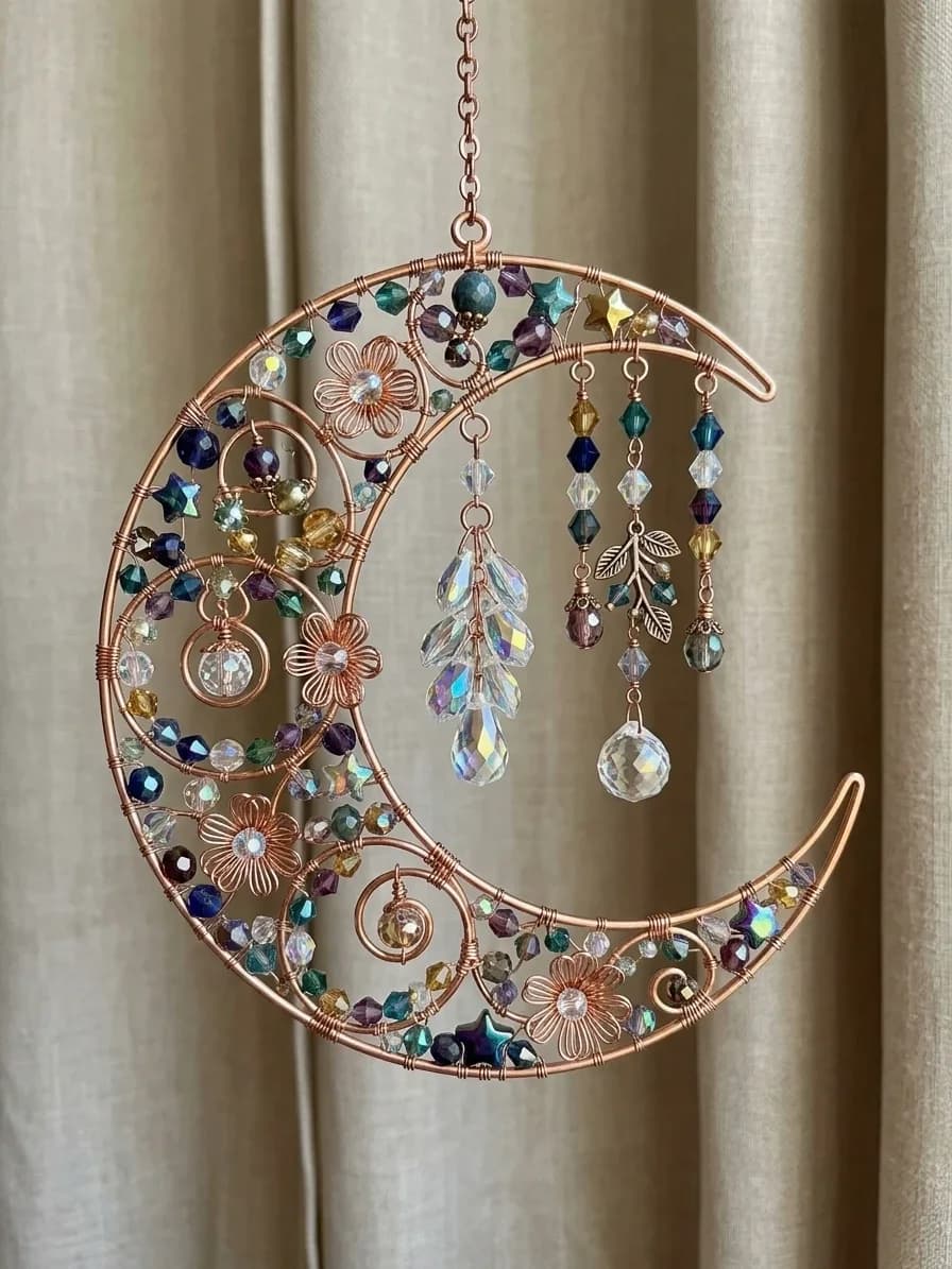 Sun Catcher | Copper Moon Wall Hanging with Crystal Beads