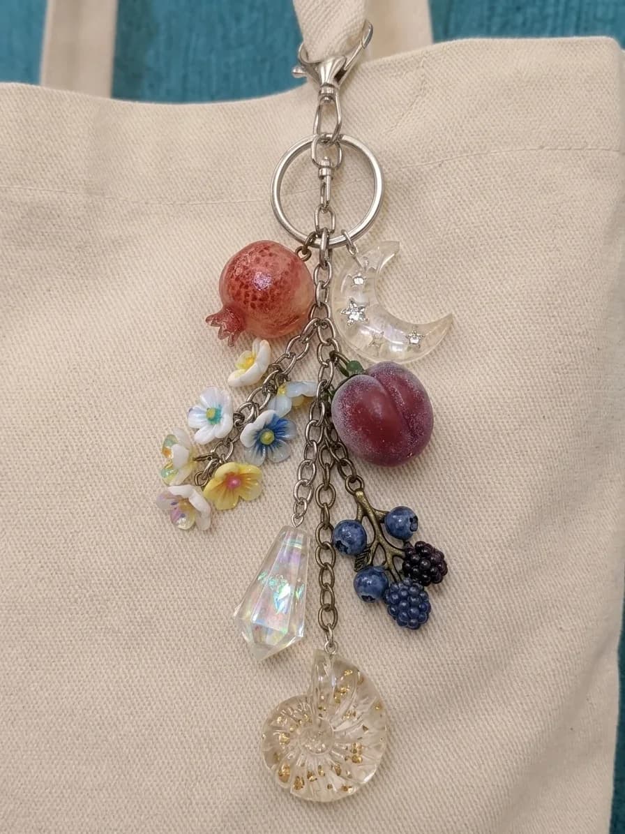Bag Charm Keychain | Pomegranate, Moon, Shell & Berry Charms
