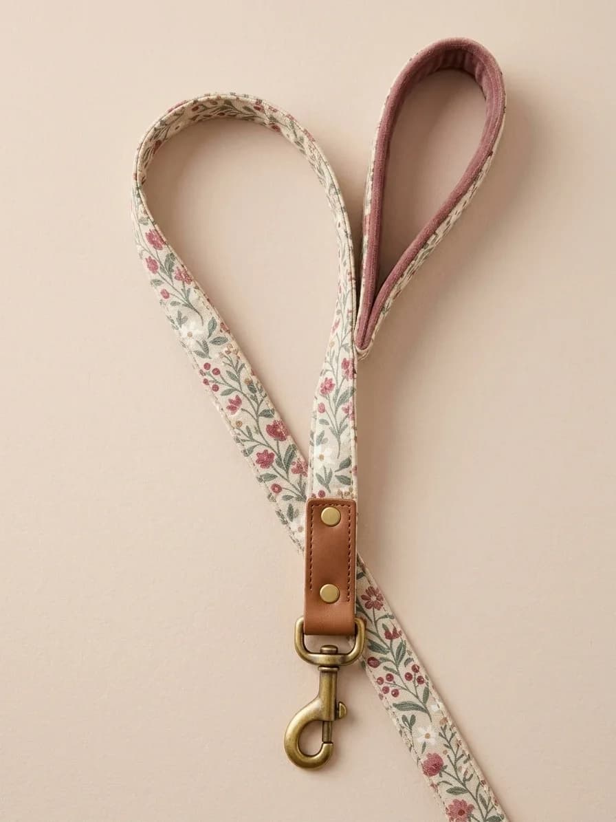 Dog Leash | Floral Print with Leather Tab & Brass Hook